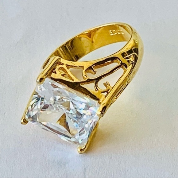 EDCO gold tone high set large faceted crystal stone solitaire pave Diamond - Picture 2 of 13